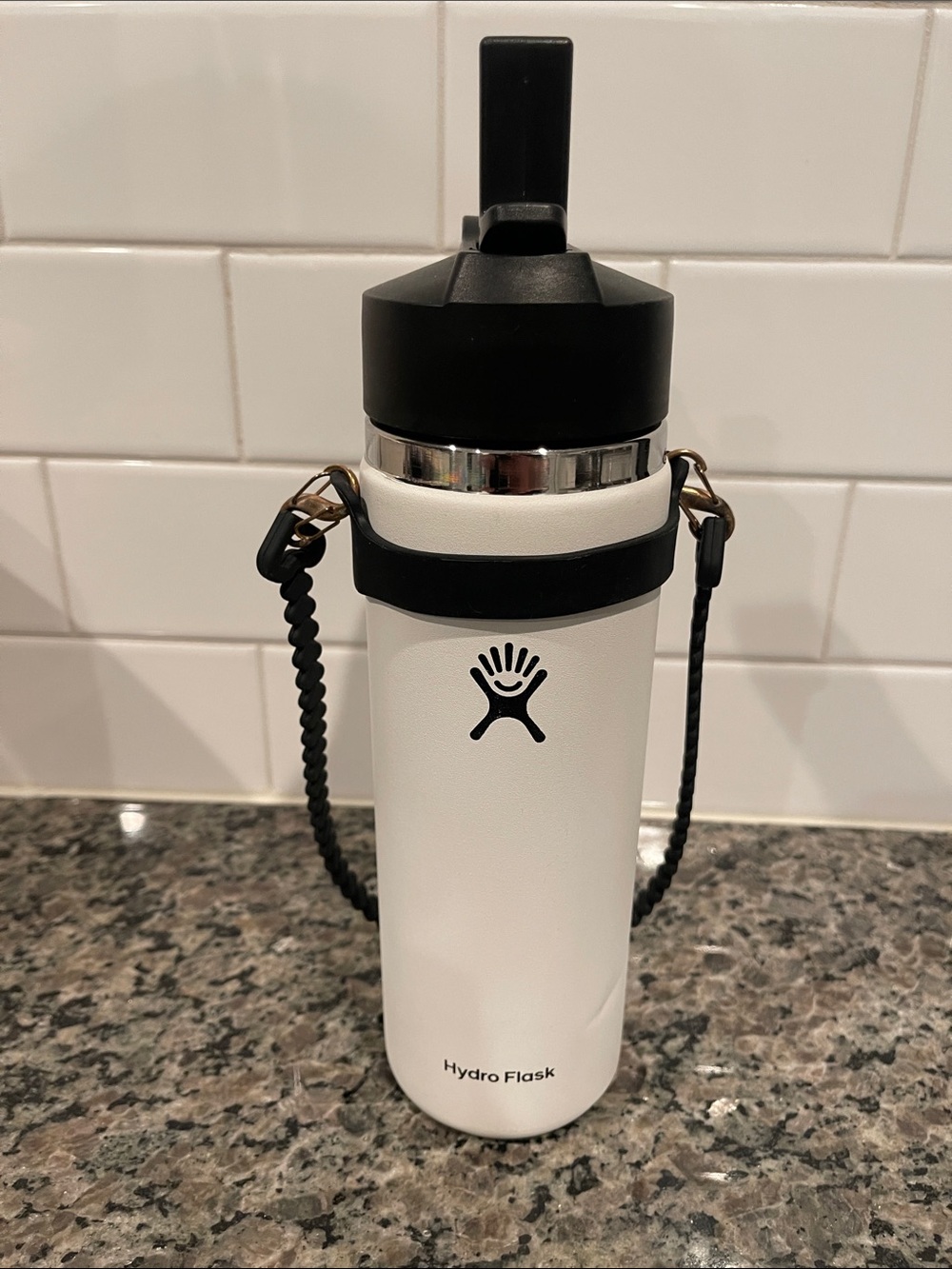 EUC 20 oz Hydro Flask White Bottle with Black Lid and Braided Strap